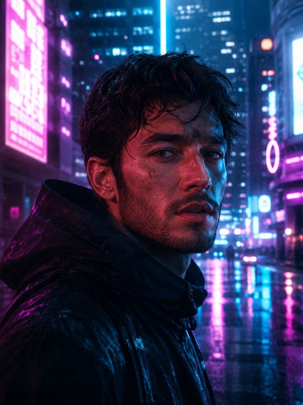 Cyberpunk neon portrait prompt result with pink and blue city light
