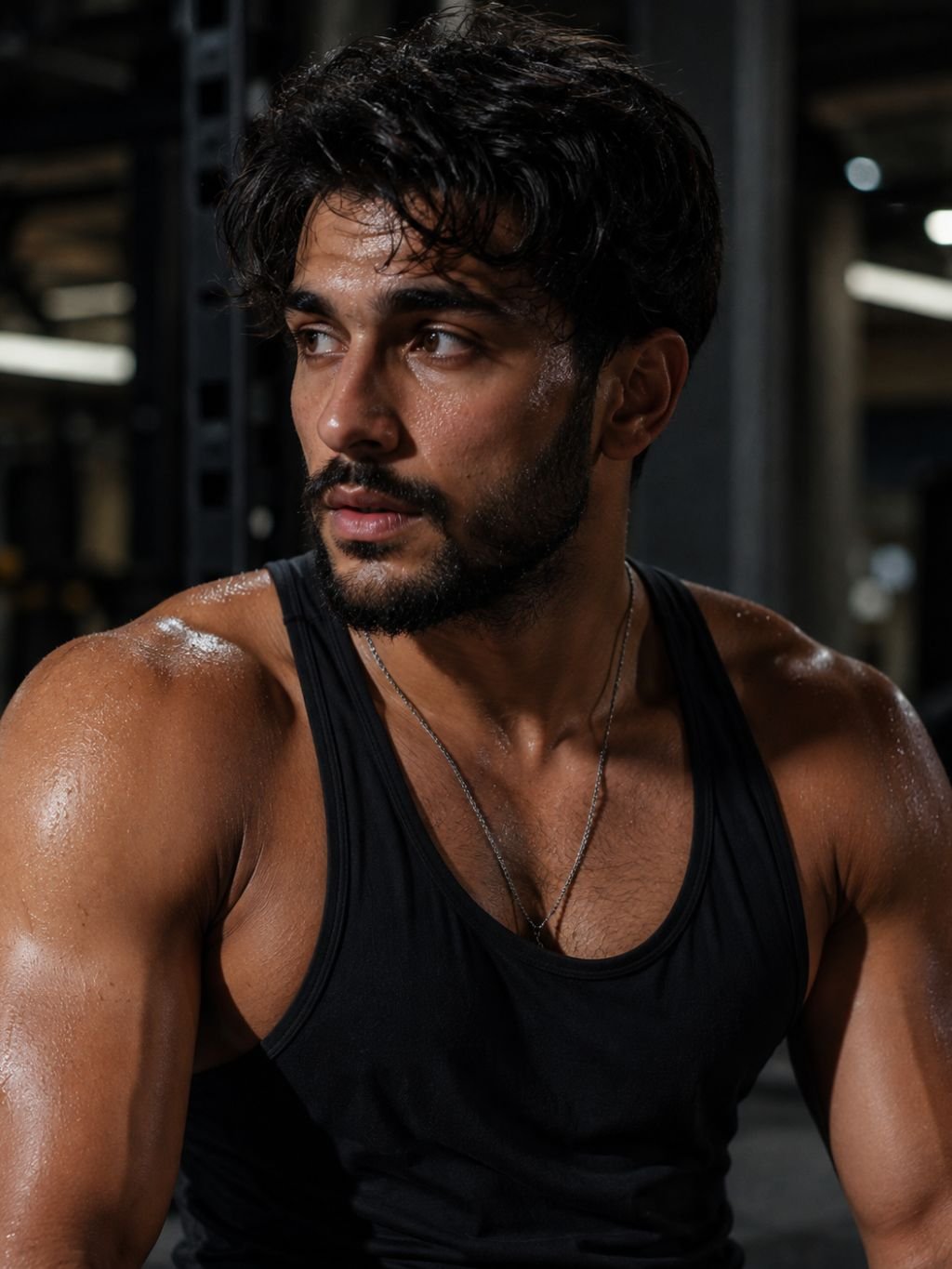 Fitness portrait prompt result with hard side lighting and muscle detail