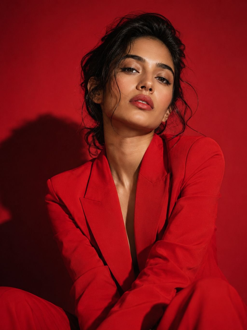 High fashion editorial portrait prompt result with bold directional light