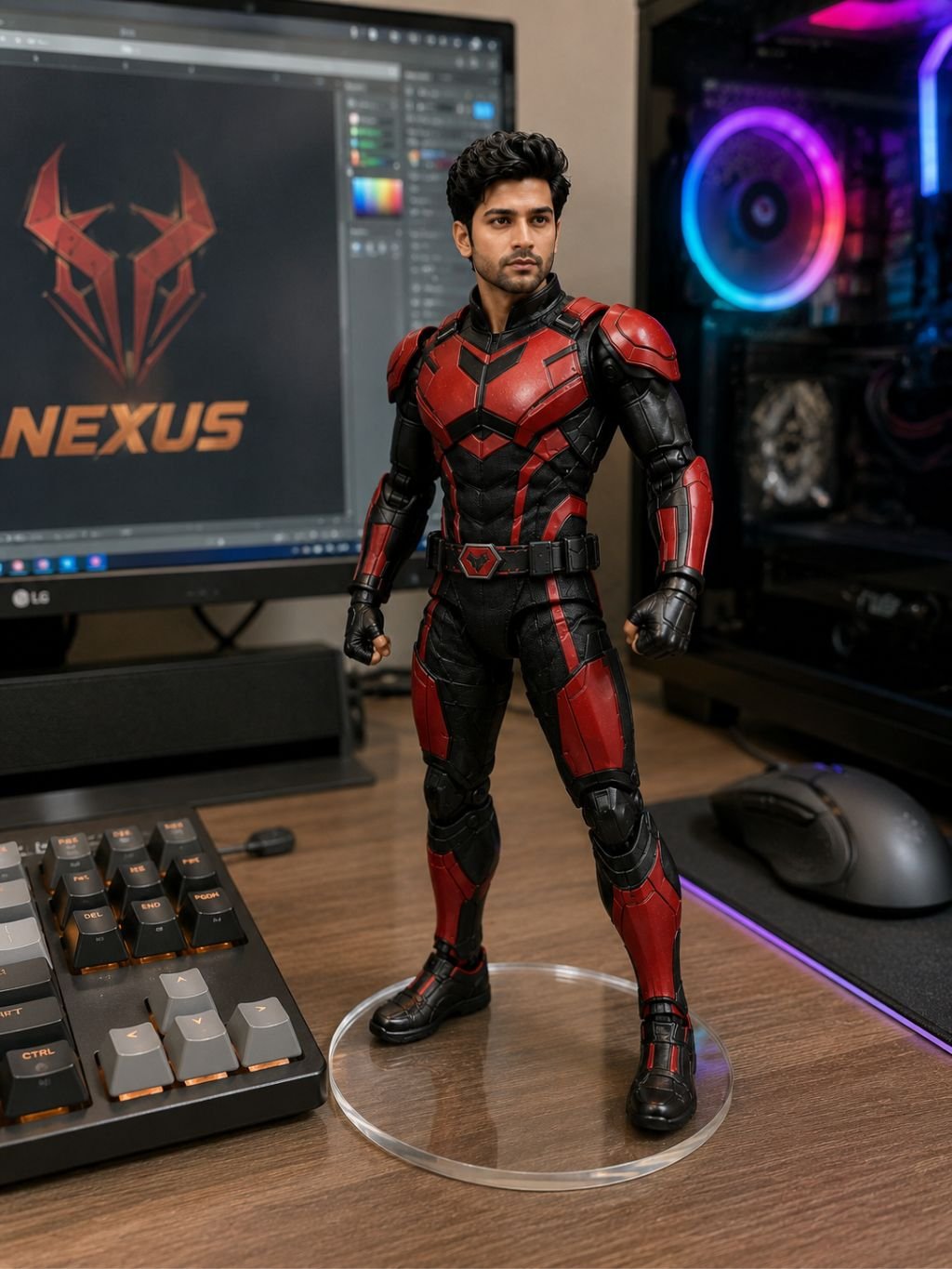 Realistic desk action figure prompt result standing on a desk