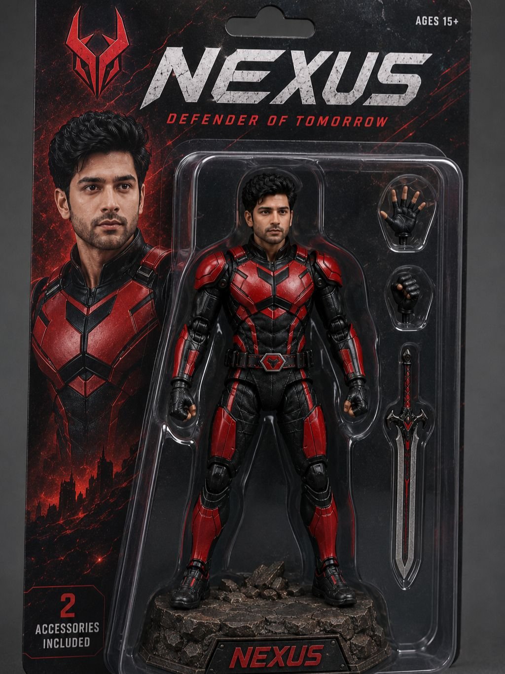 Superhero action figure prompt result with cape and emblem in packaging