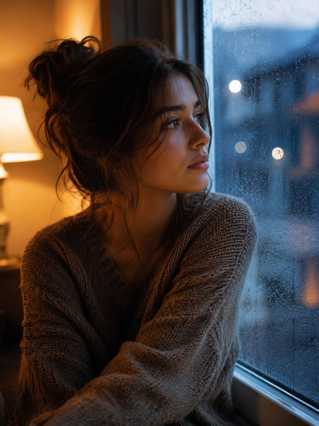 Warm indoor portrait prompt result with soft window light